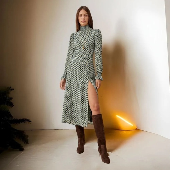 REFORMATION Stevi Mosaic Print Side Slit Long Sleeves Mock Neck Midi Dress Sz 0 - Picture 5 of 6